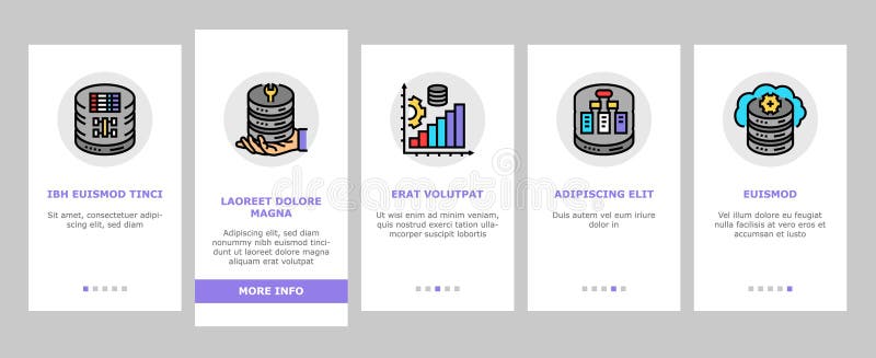 Database administrator server onboarding icons set vector royalty free illustration