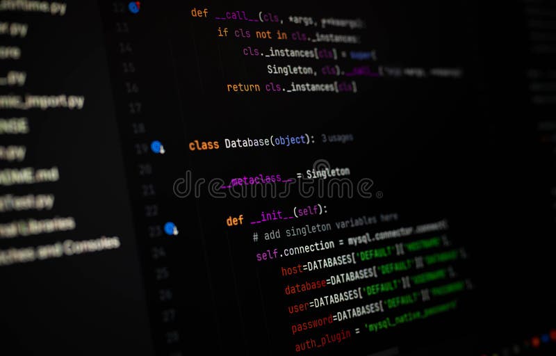 The singleton pattern is a design pattern that ensures a class has only one instance and provides a global point of access to that instance. Python programming code stock images, royalty-free photos and pictures