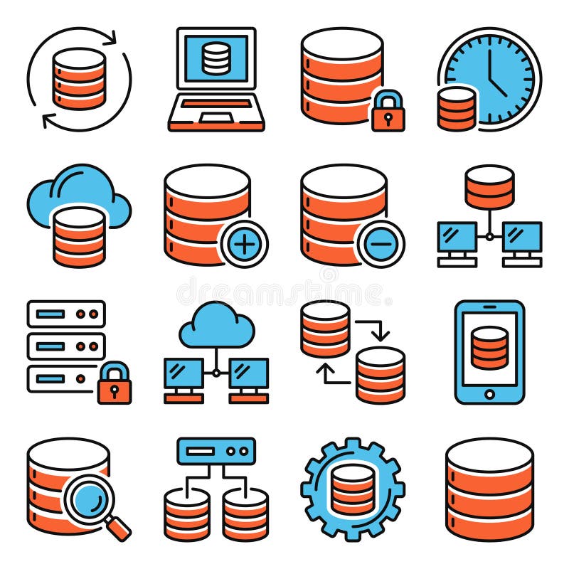Database and Cloud Network Icons Set on White Background. Vector royalty free illustration