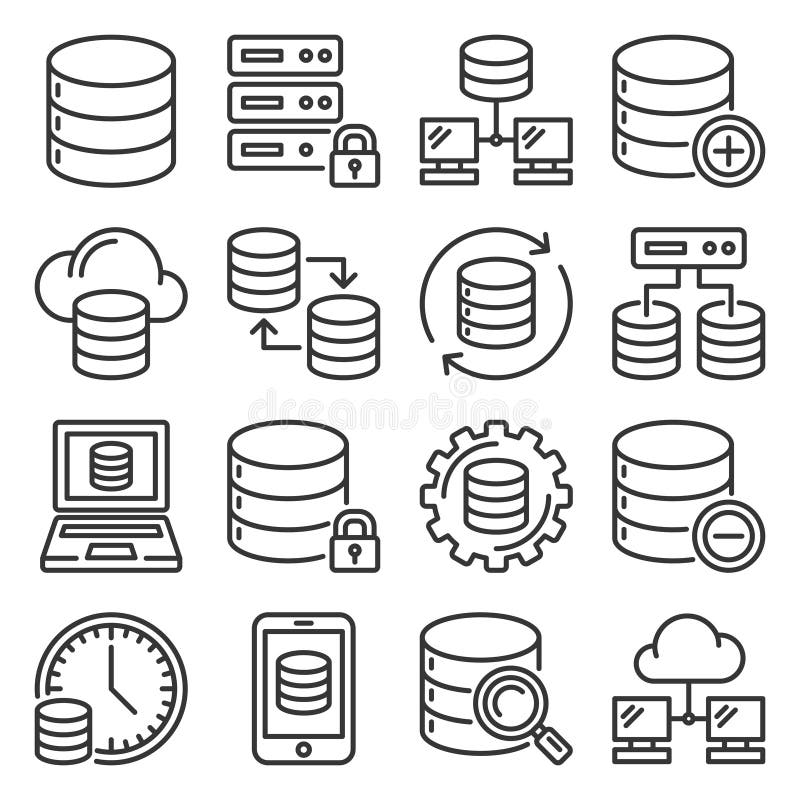 Database Icons Set on White Background. Line Style Vector royalty free illustration