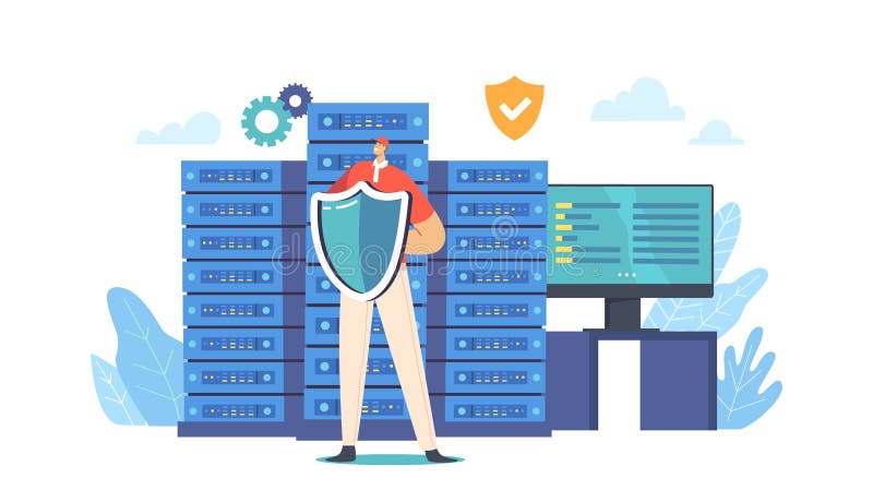 Database Safety Concept. Man Character Hold Shield Protecting Server Or Hard Disks. Secured App Or Online Service stock illustration