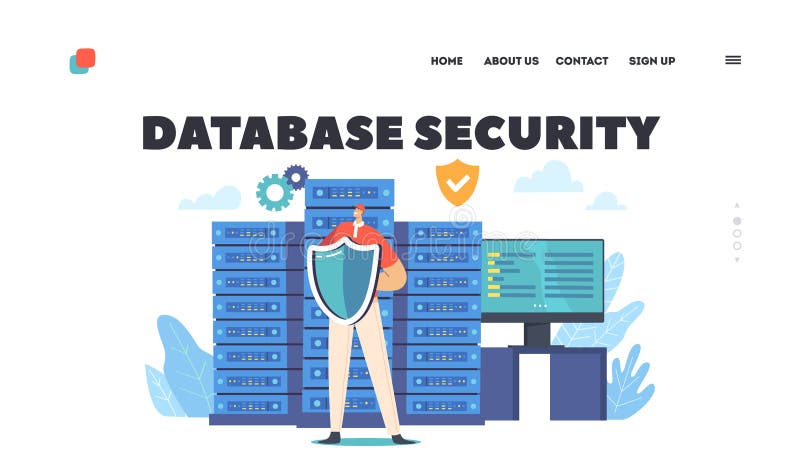 Database Security Landing Page Template. Man Character Hold Shield Protecting Server Or Hard Disks. Secured App royalty free illustration