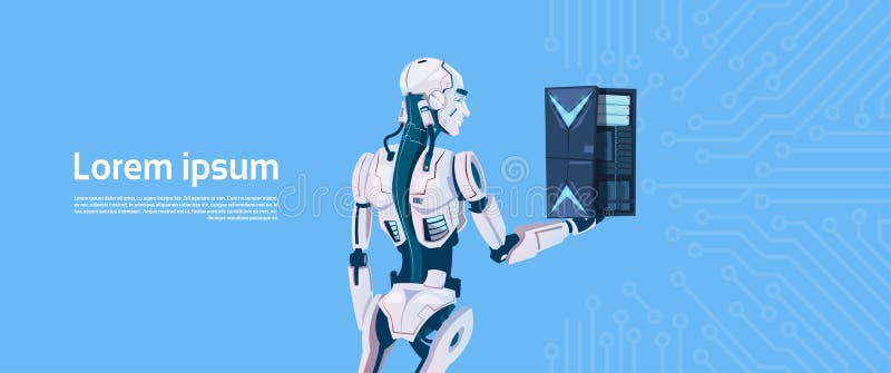 Database server moderno della nuvola della tenuta del robot, tecnologia futuristica del meccanismo di intelligenza artificiale royalty illustrazione gratis