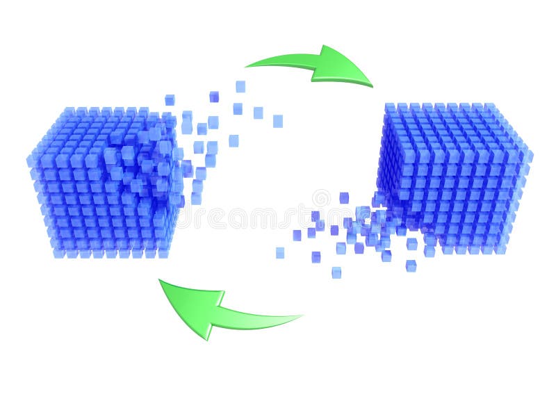 Dve 3D-postavený sady kocky zastupujú synchronizácie medzi databázami.