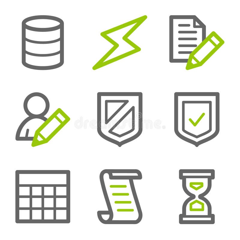 Database web icons, green and gray contour series