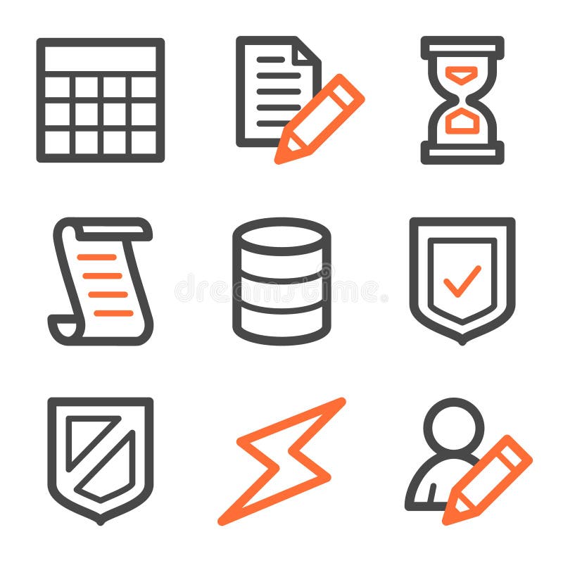 Database web icons, orange and gray contour series