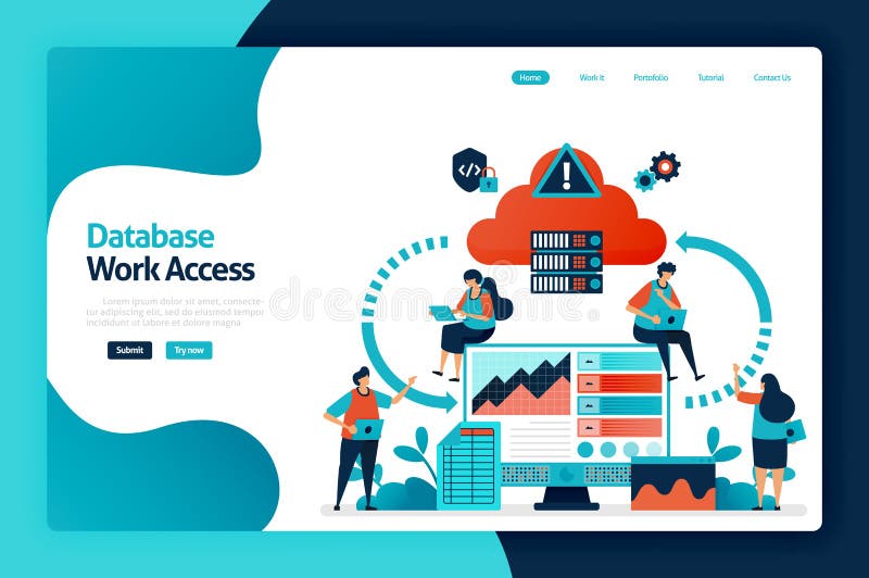 Database work access landing page design. database network flow and connection access. communication device with computing cloud royalty free illustration Database work access landing page design. database network flow and connection access. communication device with computing cloud royalty free illustration