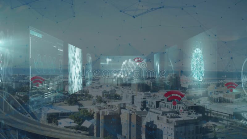 Databehandlingsanimering över cityscape med framtida digitala nätverkselement lager videofilmer
