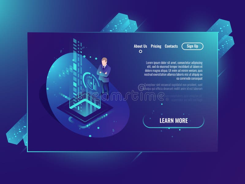 Databruk, analysdata och investering, affärsframgång, isometrisk neonultraviolet för datorhall stock illustrationer Databruk, analysdata och investering, affärsframgång, isometrisk neonultraviolet för datorhall stock illustrationer