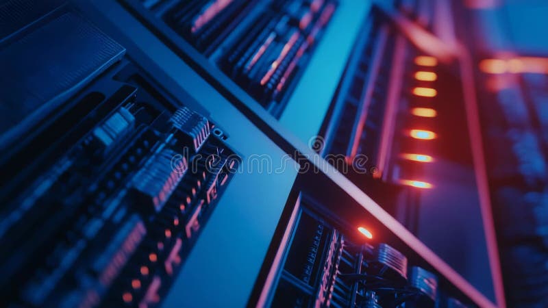 Datacenter server racks processing data with blue lighting datacenter server racks and network hardware processing data with ilustración del vector
