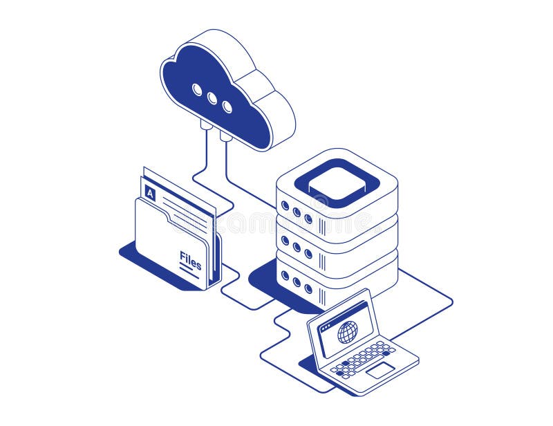 Datahantering för molnserver med serverrack för bärbara datorer och dokumentmapp som är ansluten till molnlagring genom dataflöden stock illustrationer