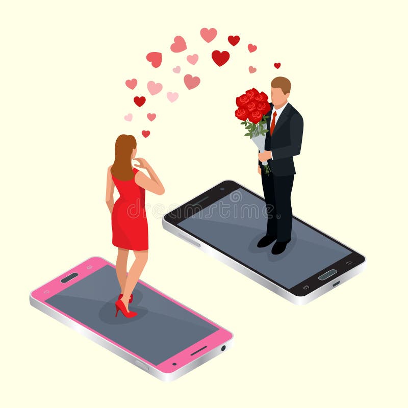 Datar em linha Conceito datando em linha do app com homem e mulher Ilustração isométrica do vetor 3d liso Internet em linha ilustração stock Datar em linha Conceito datando em linha do app com homem e mulher Ilustração isométrica do vetor 3d liso Internet em linha ilustração stock