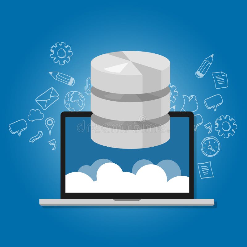 Date de bază în laptopul pictogramei simbol pentru stocare multimedia în rețea în cloud vector illustration