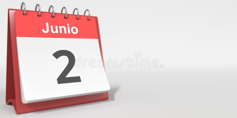 June 2 date written in spanish on the flip calendar 3d rendering stock 