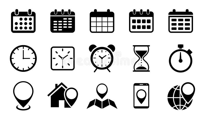 Date, time and address icon set, calendar, clock, location pin signs royalty free illustration