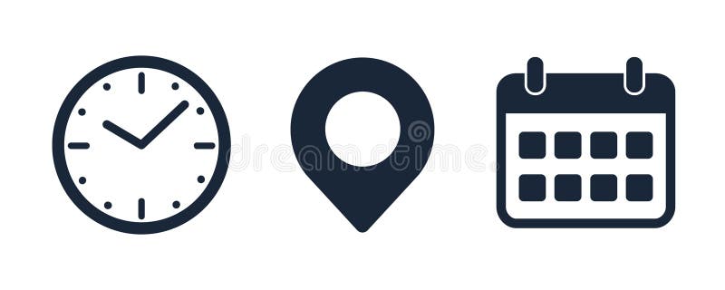 Date, time and address icon set, reminder calendar, clock, stopwatch timer, location pin signs, business schedule signs vector illustration