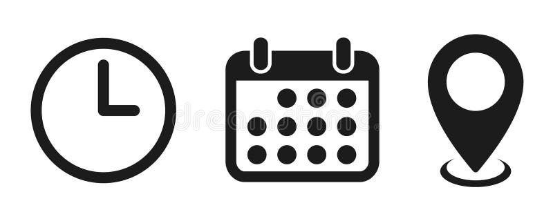 Date, time and address icon set, web icons reminder calendar, clock, stopwatch timer, location pin signs, business schedule signs stock illustration