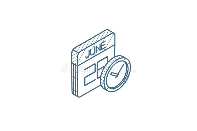 Date and time, calendar and clock isometric icon. 3d line art technical drawing. Editable stroke vector stock illustration