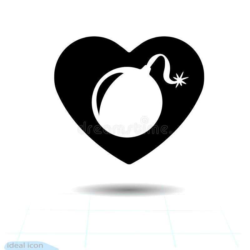 Heart icon. A symbol of love. Valentine s day with the sign of the bomb. Flat style for graphic and web design, logo. Adrenaline addiction. Vector bomb, warning sign explosive. Heart icon. A symbol of love. Valentine s day with the sign of the bomb. Flat style for graphic and web design, logo. Adrenaline addiction. Vector bomb, warning sign explosive