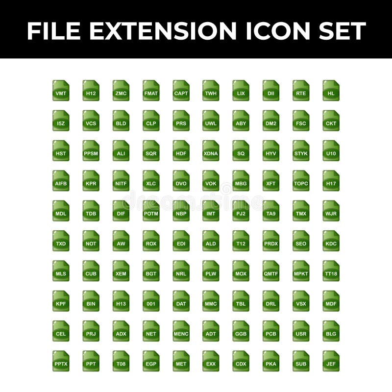 Dateiextensions-Ikonensatz umfassen, vmt zmc, fmat, Kapitän twh, lix, dii, rte, Hektoliter, vcs, bld, clp, PR, uwl, aby, fsc, Sch