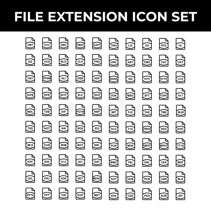 Dateiextensions-Ikonensatz umfassen, vmt zmc, fmat, Kapitän twh, lix, dii, rte, Hektoliter, vcs, bld, clp, PR, uwl, aby, fsc, Sch