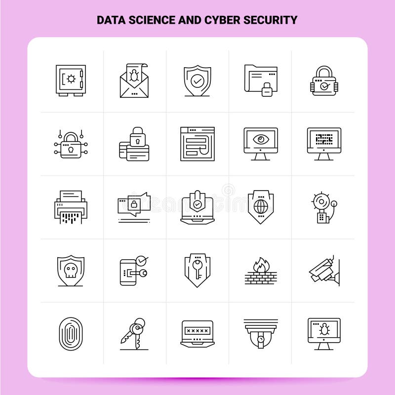 Daten-Wissenschafts- und Internetsicherheits-Ikonensatz des Entwurfs -25 Vektor-Linie Art-Entwurfs-Schwarz-Ikonen-Satz Linear Pik vektor abbildung