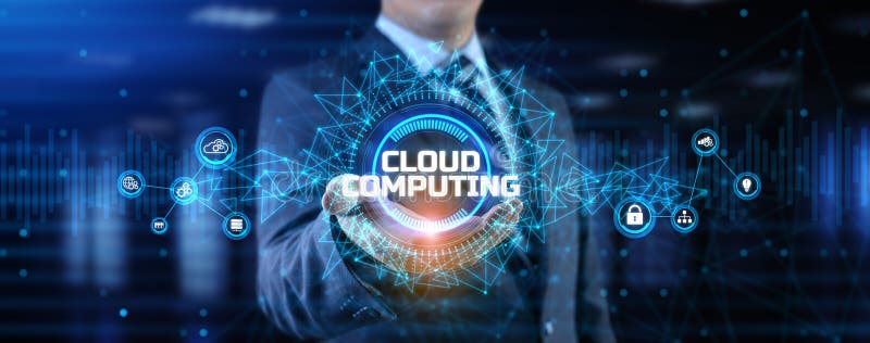 Datenspeicherung über Cloud-Technologie. Geschäftsmann drückt Taste auf Bildschirm lizenzfreie stockbilder