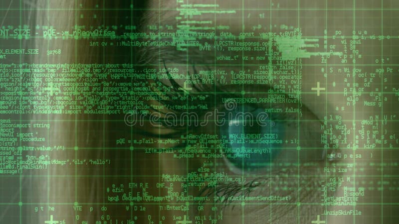 Datenverarbeitung über das Netz gegen Nahaufnahme des weiblichen Auges lizenzfreie abbildung