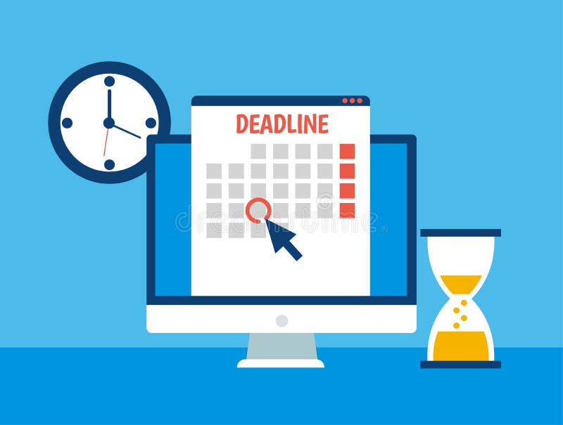 Dates and Deadlines banner. Computer with calendar, clock and hourglass vector illustration