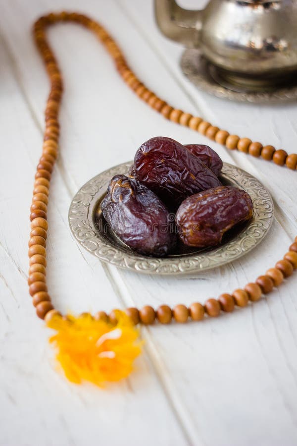 Dates on Metal Plate As Iftar Food during Ramadan Month. Stock Image