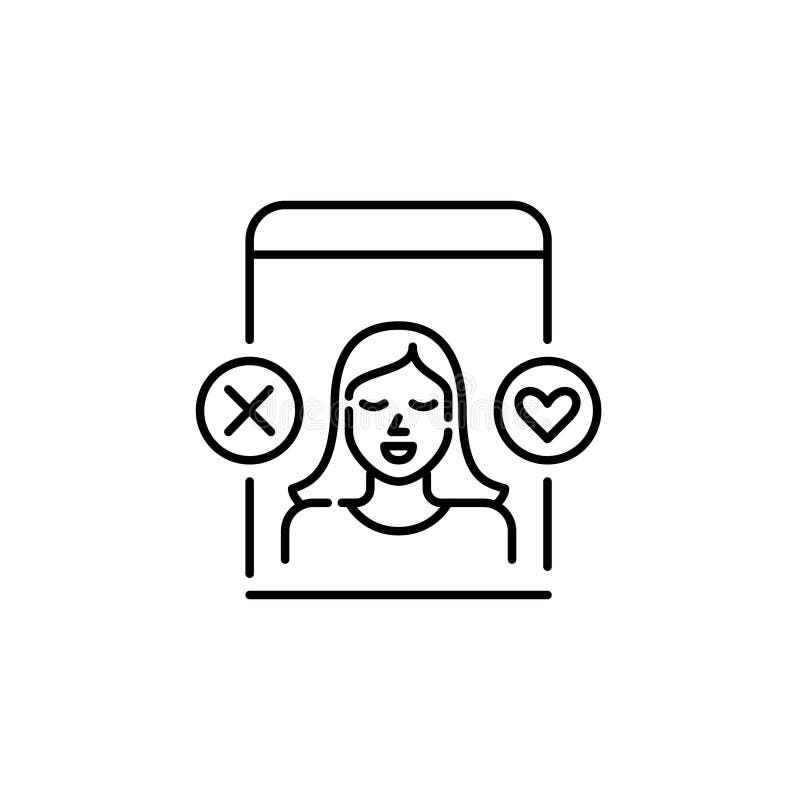 Dating app interface. Pretty girl user. Looking for a romantic partner. Match and pass symbols. Cross and heart icon royalty free illustration Dating app interface. Pretty girl user. Looking for a romantic partner. Match and pass symbols. Cross and heart icon royalty free illustration