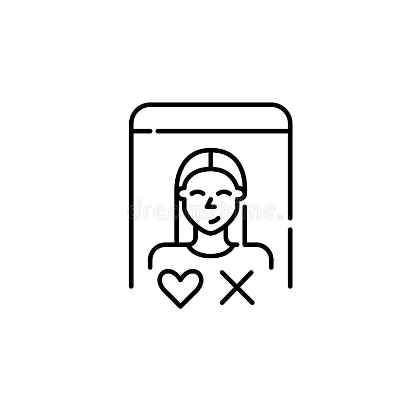 Dating app user. Smiling girl. Possible match with heart and cross as yes or no symbols. Pixel perfect, editable stroke stock illustration Dating app user. Smiling girl. Possible match with heart and cross as yes or no symbols. Pixel perfect, editable stroke stock illustration