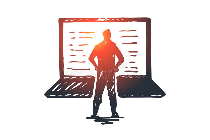 Dator bärbar dator, person, arbete, teknologibegrepp Hand dragen isolerad vektor vektor illustrationer Dator bärbar dator, person, arbete, teknologibegrepp Hand dragen isolerad vektor vektor illustrationer