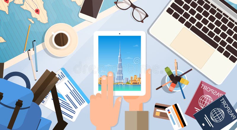 Dator för handhållminnestavla med Dubai horisontpanorama, handelsresandearbetsplats med sikt för bästa vinkel för pass royaltyfri illustrationer Dator för handhållminnestavla med Dubai horisontpanorama, handelsresandearbetsplats med sikt för bästa vinkel för pass royaltyfri illustrationer