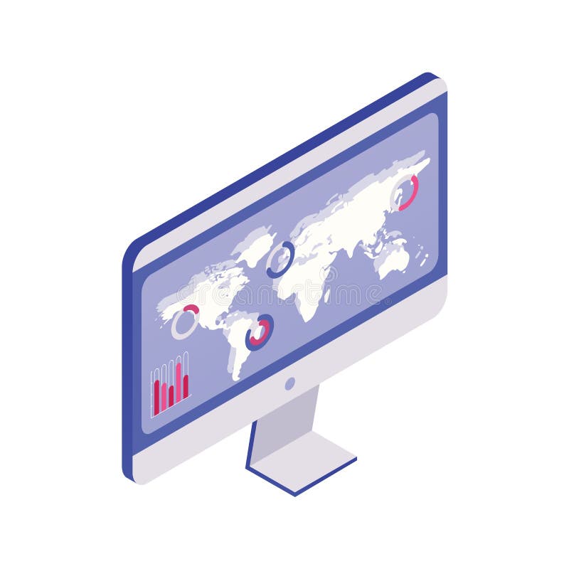 Dator med diagram på isometrisk bildskärm Global analysrapport om datorskärm isolerad på vit stock illustrationer Dator med diagram på isometrisk bildskärm Global analysrapport om datorskärm isolerad på vit stock illustrationer