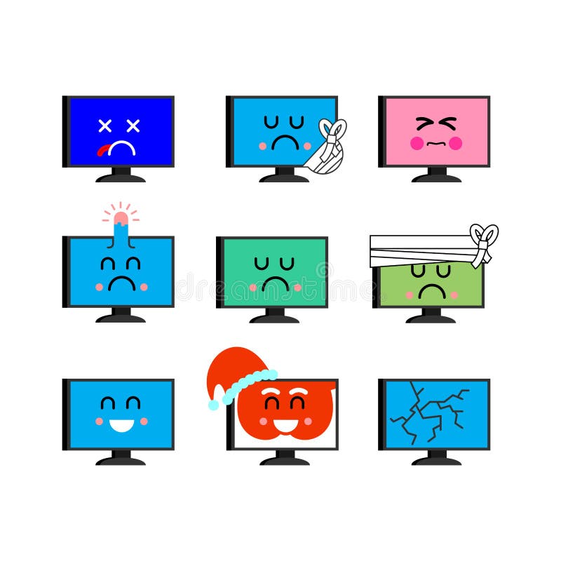 Computer emoji set. Sed and happy PC emotion. sick and dead. Angry and Broken. Santa pc Vector illustration. Computer emoji set. Sed and happy PC emotion. sick and dead. Angry and Broken. Santa pc Vector illustration