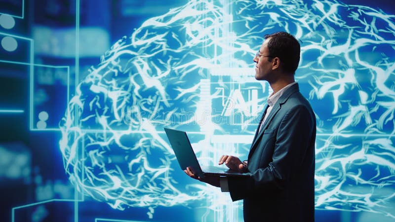 Datorforskare som använder en bärbar dator för att implementera artificiell intelligens royaltyfri foto