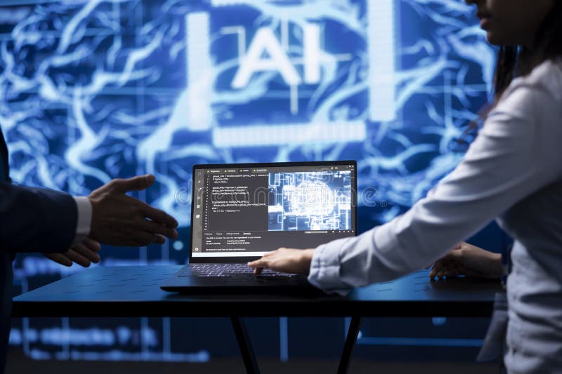 Datorforskare som kör en kognitiv datateknik på bärbara datorer royaltyfri foto