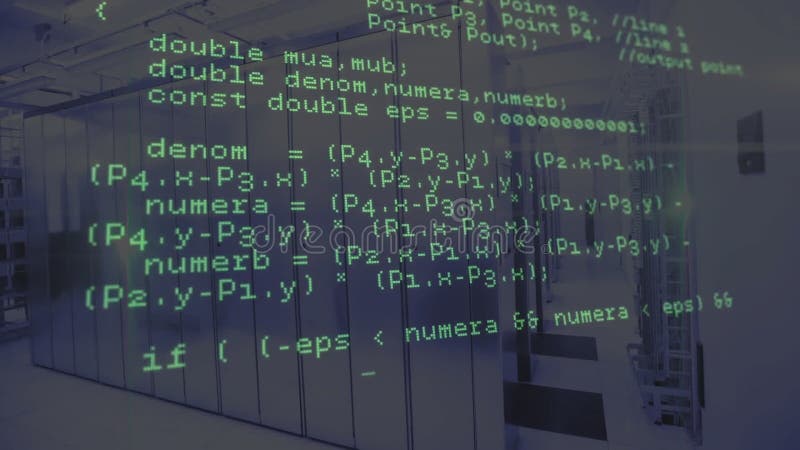 Datorkod animerar över serverrumsbakgrund med serverrader royaltyfri illustrationer