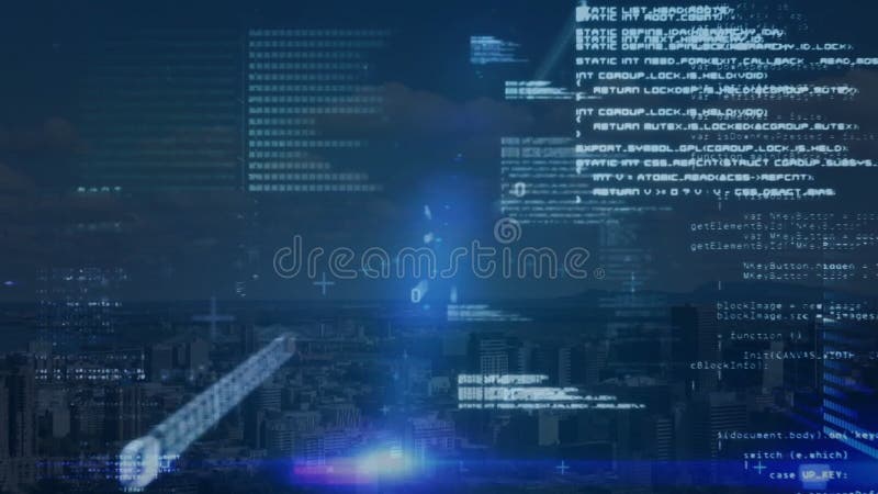 Datorkod och databehandlingsanimering över cityscape på natten stock illustrationer