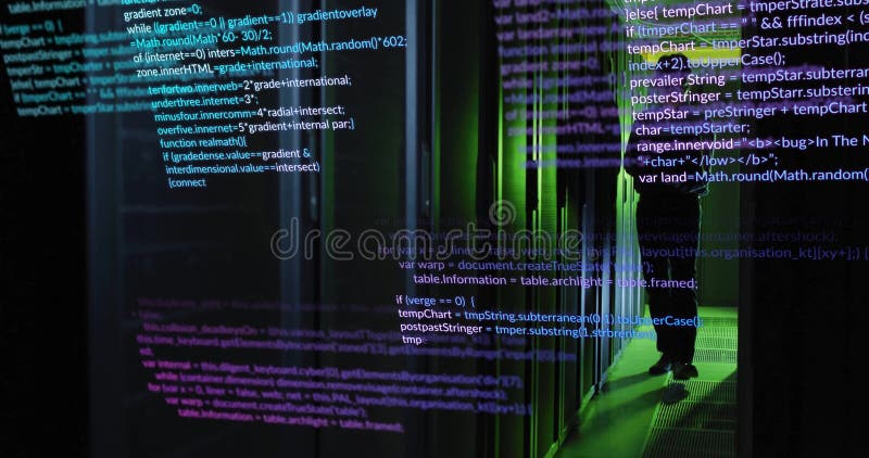 Datorkodanimering över personer som går genom serverrummet royaltyfri illustrationer
