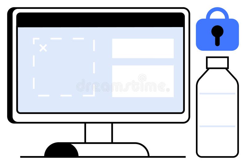 Datorskärm med designelement för webbplats och lås säkerhet med vattenflaska. Datorskärm med UI-formelement en blå låsikon som representerar säkerhet och en vattenflaska. idealisk för webbdesign cybersecurity-användargränssnitt för digital arbetsmiljö och hydrering