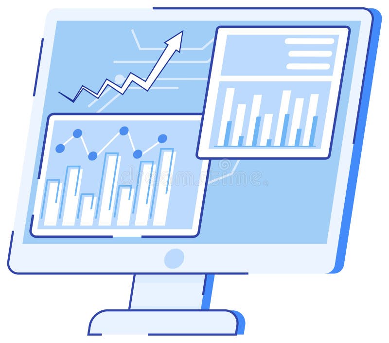 Datorskärm med olika diagram och diagram. Dataanalys och investeringsprogram vektor illustrationer