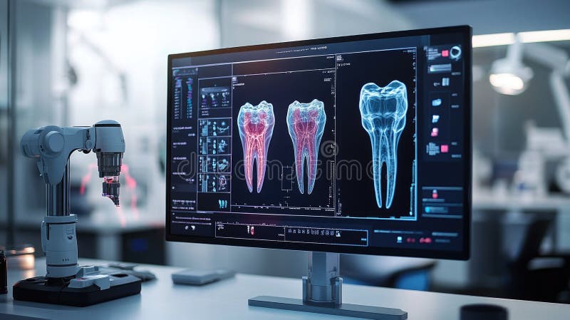 Datorskärm som visar 3d-modell av tand med röda och blå högdagrar, robotarmar och dentalutrustning i bakgrunden stock illustrationer