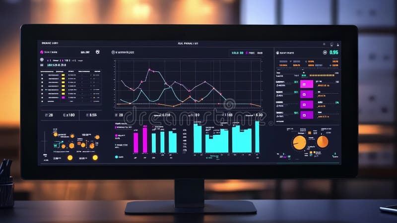 Datorskärm som visar instrumentpanel för analys av finansiella data i realtid vektor illustrationer