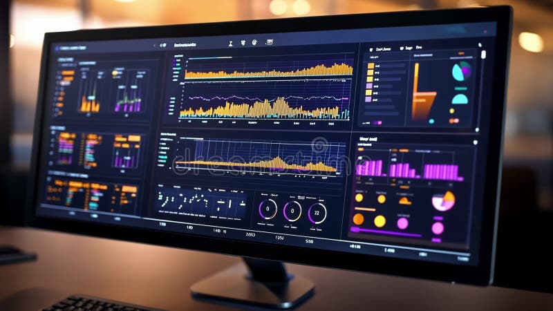 Datorskärm som visar realtidsanalys av finansiella data och diagram vektor illustrationer