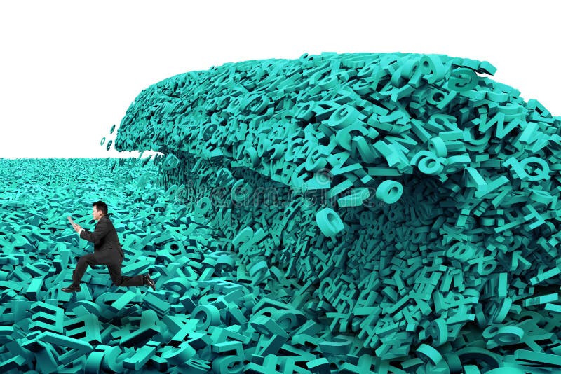 Datos grandes una onda enorme del tsunami de los caracteres con el funcionamiento del hombre de negocios Datos grandes una onda enorme del tsunami de los caracteres con el funcionamiento del hombre de negocios