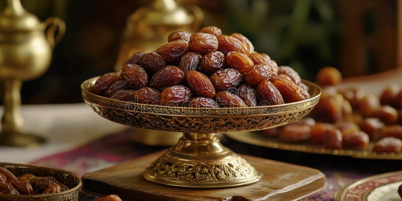 Datum Dessert servieren. Ein Haufen Datteln in einem goldenen Gericht, das oft mit arabischer oder nahöstlicher Küche assoziiert wird. AI generiert