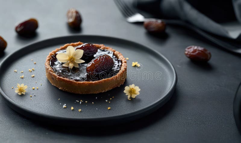 Datum oder Fruchttort traditionelles marokkanisches Rezept süße Dessert in einer modernen Fusion Interpretation international lizenzfreie stockbilder