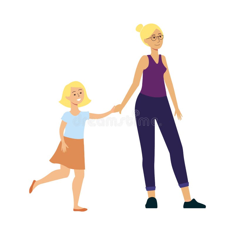 Daughter and Mother Walking and Smiling, Happy Cartoon Character Family  Spending Time Together. Stock Vector - Illustration of little, clothes:  149965521